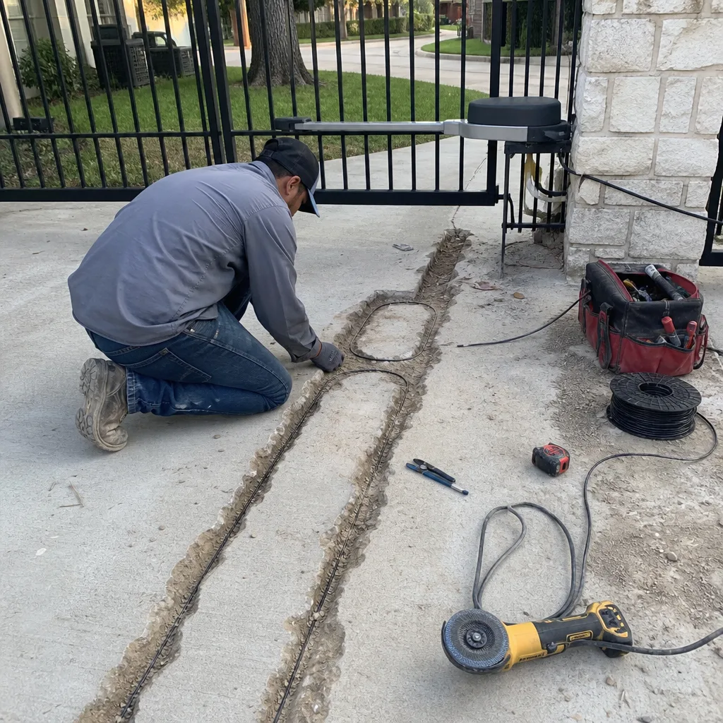 Technician installing underground vehicle detection loop for gate access control nationwide