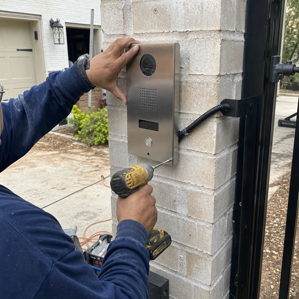 Technician installing a stainless steel gate access control system on brick. nationwide