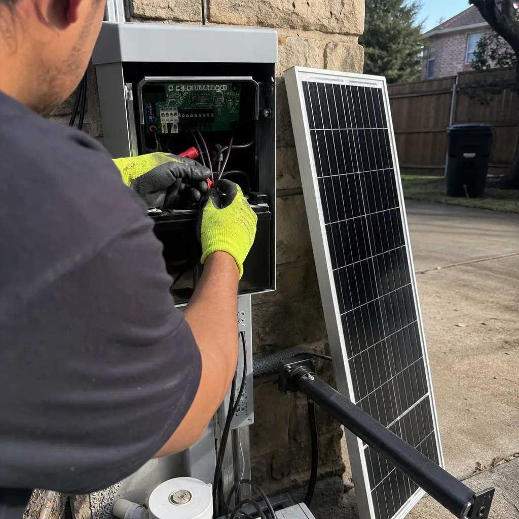 Technician performing gate access control maintenance and solar power system repair in Euless, TX