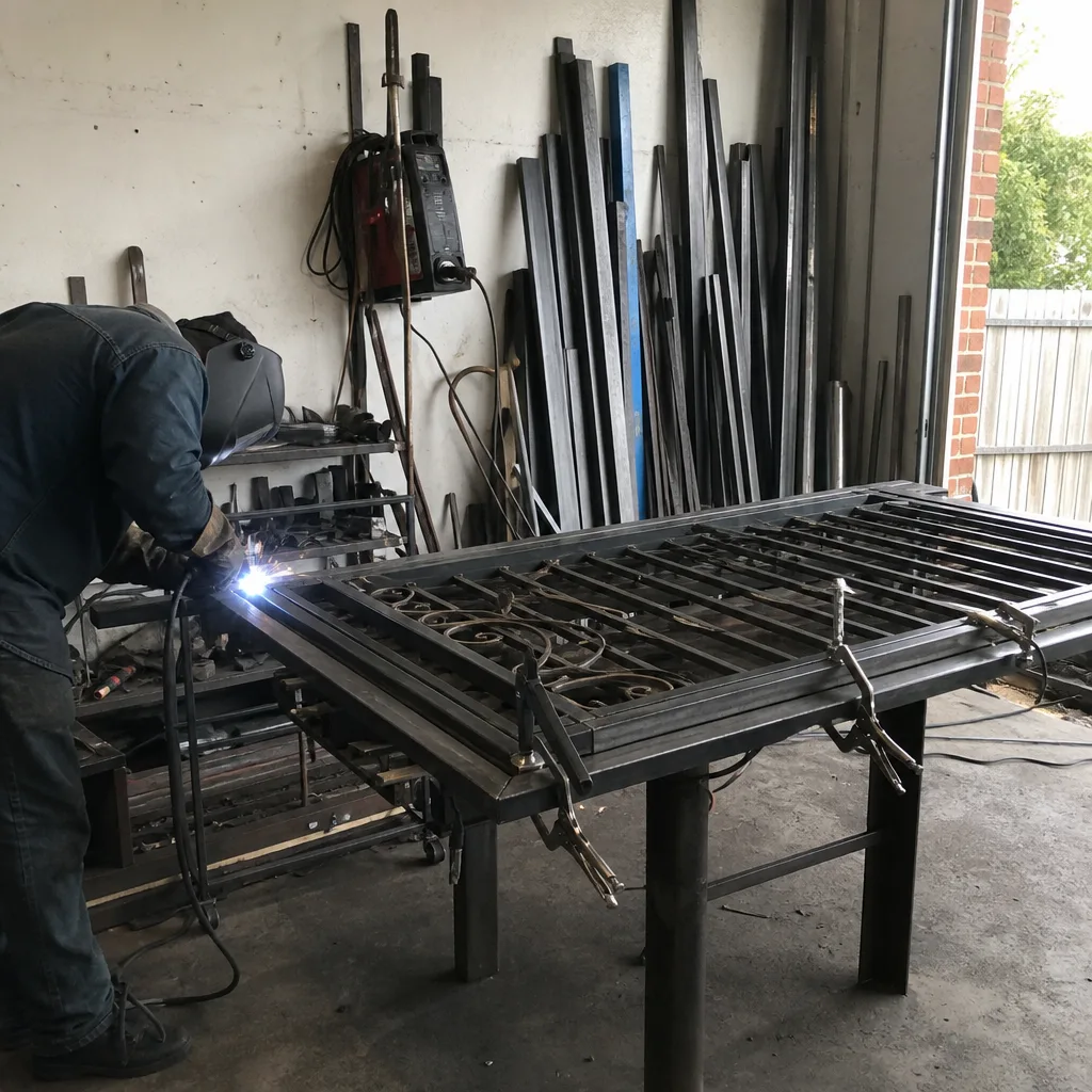 Professional welder performing custom gate repair and metal fabrication in workshop nationwide