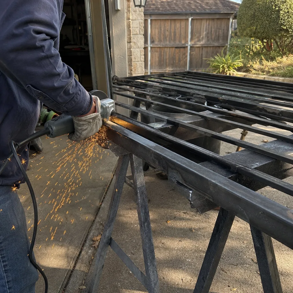 Metalworker using an angle grinder for gate parts and welding repair nationwide
