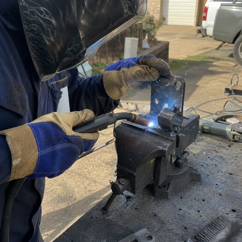 Professional welder performing gate parts repair and metal fabrication on a workbench nationwide