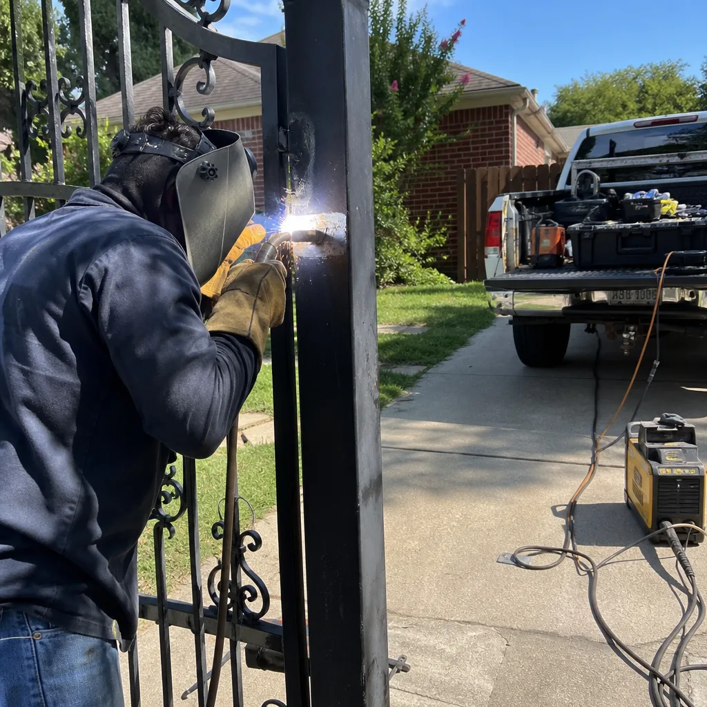 Professional welder performing on-site metal gate repair and ironwork