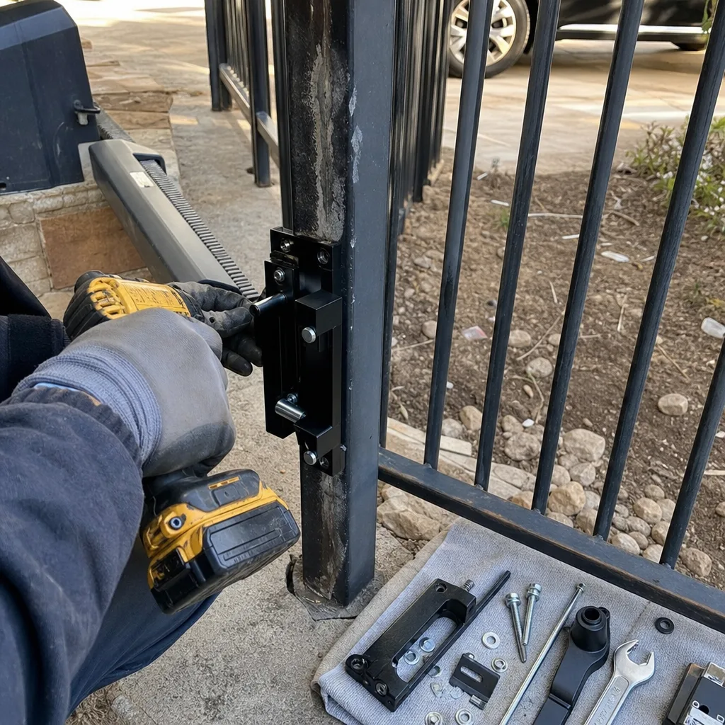 Technician using a power drill to perform metal gate latch repair