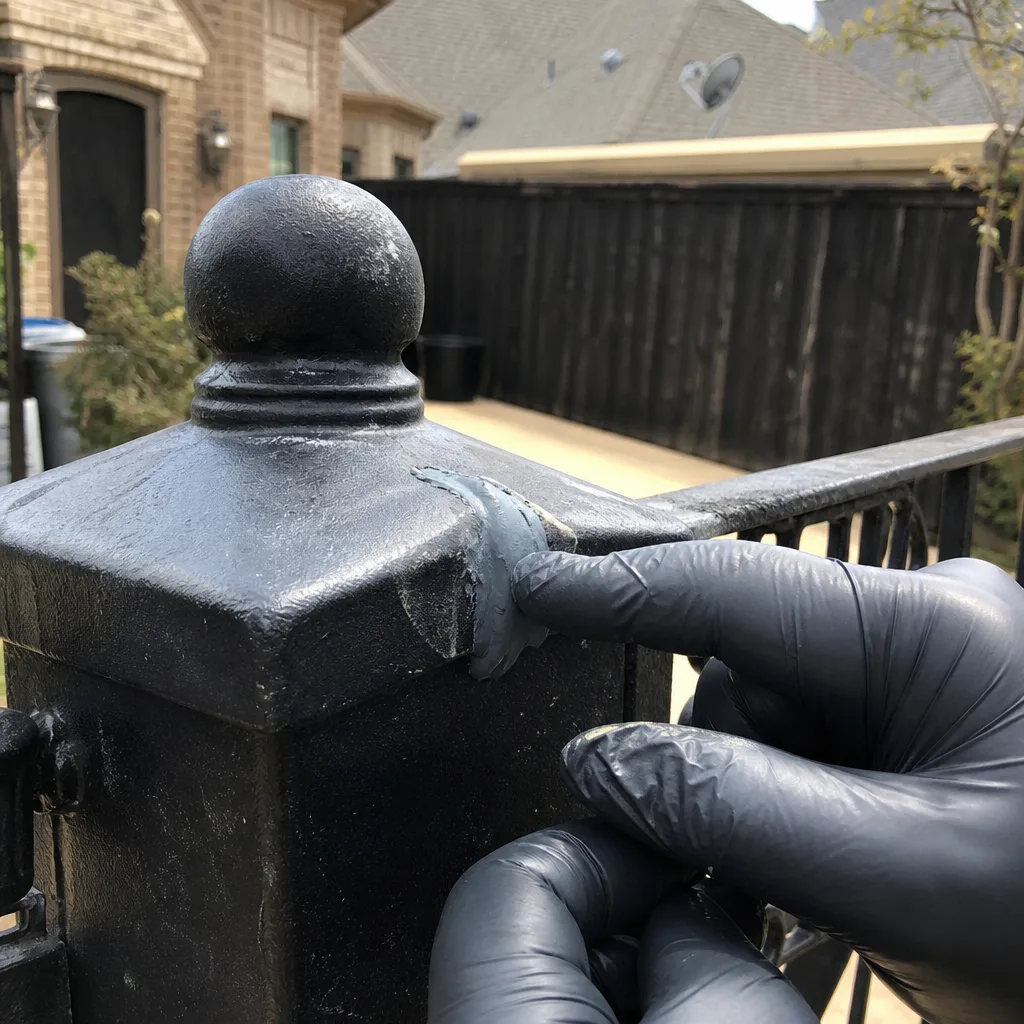 Hand applying epoxy sealant during professional iron gate repair